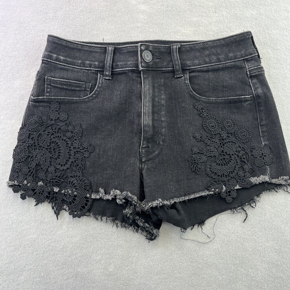 American Eagle Womens Black Denim Frayed Lace High Rise Shortie Shorts Sz 8